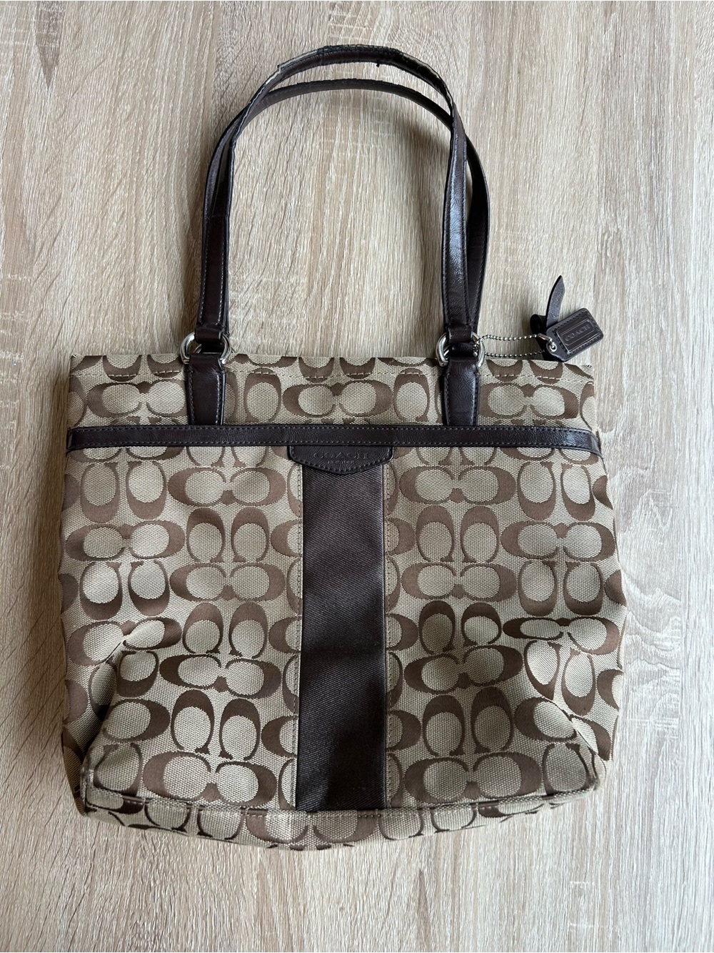 Coach Beige and Brown Signature Tote with Leather Trim